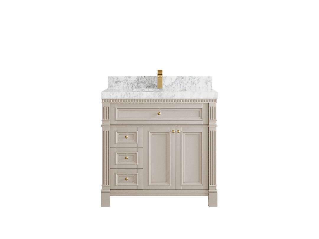 Paris 36 in. W x 22 in. D Center Sink Bathroom Vanity in Fine Grain  with 2 in Carrara Marble Countertop