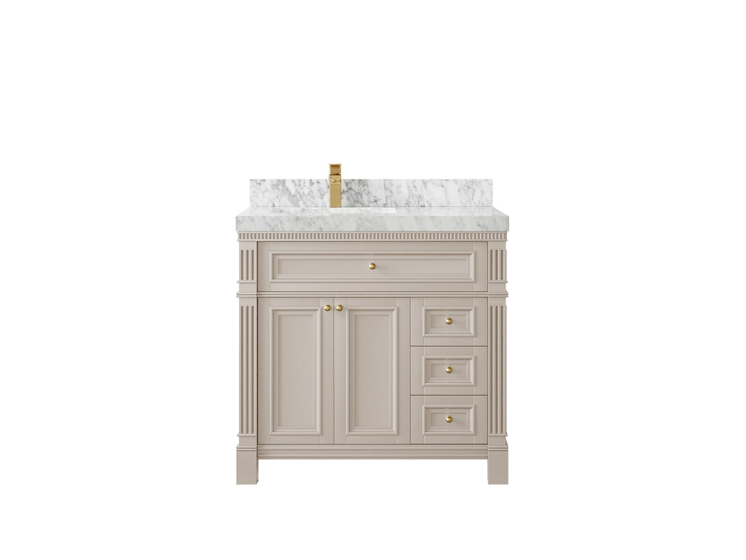 Paris 36 in. W x 22 in. D Left Offset Sink Bathroom Vanity in Fine Grain with 2 in Carrara Marble Countertop