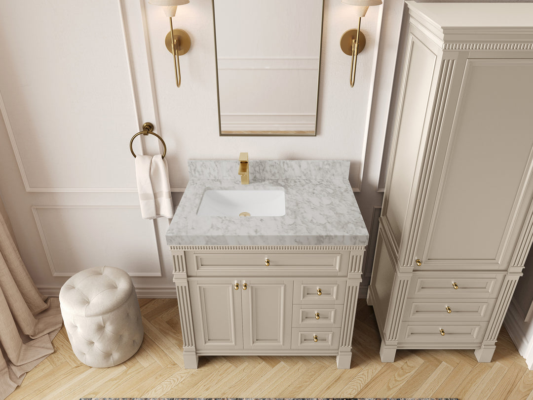Paris 36 in. W x 22 in. D Left Offset Sink Bathroom Vanity in Fine Grain with 2 in Carrara Marble Countertop – Top View
