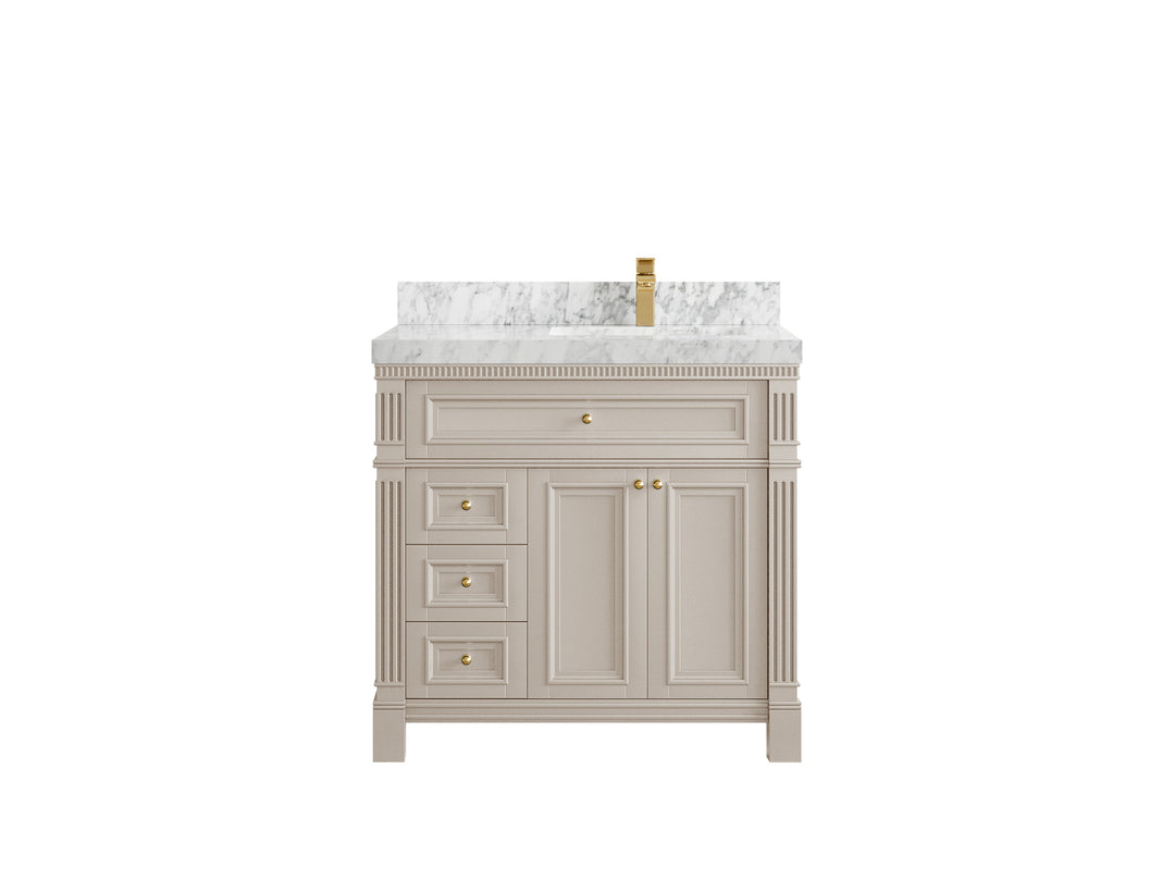 Paris 36 in. W x 22 in. D Right  Offset Sink Bathroom Vanity in Fine Grain with 2 in Carrara Marble Countertop