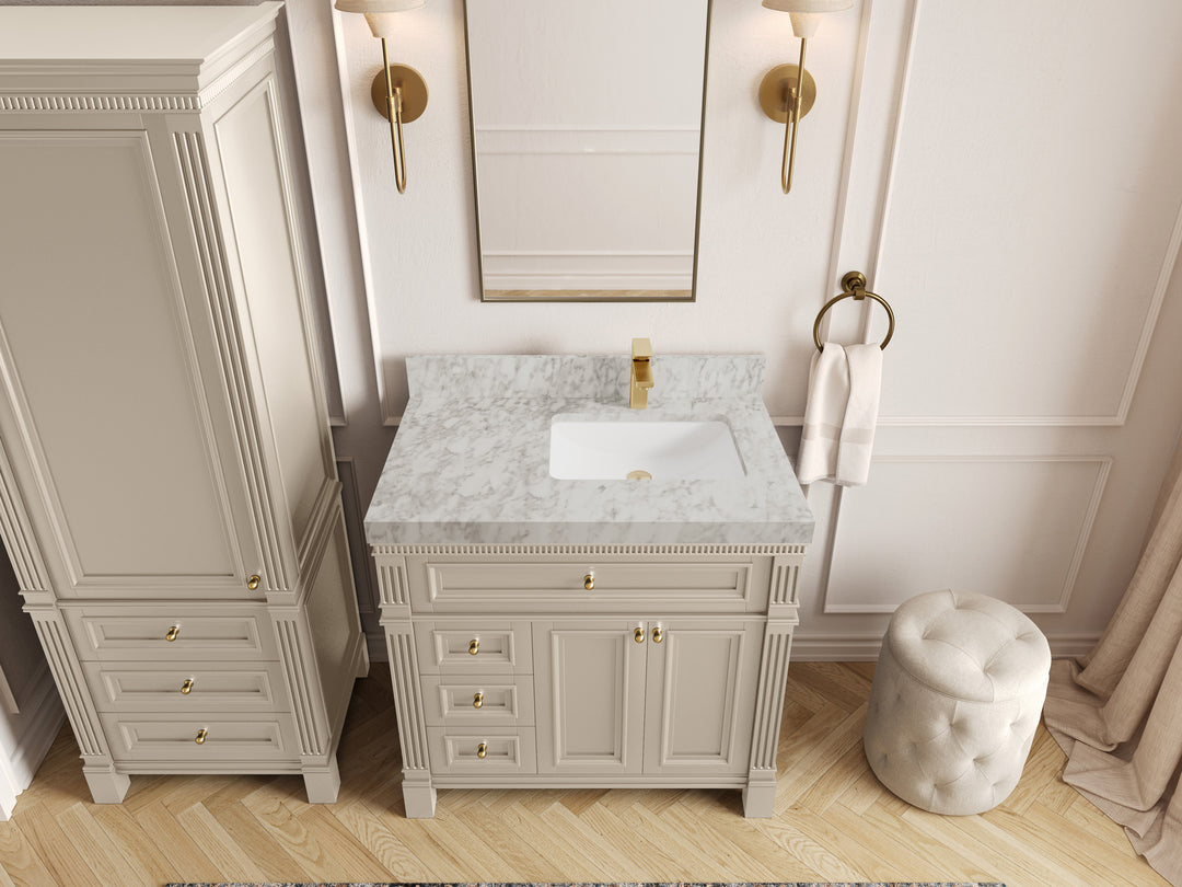 Paris 36 in. W x 22 in. D Right  Offset Sink Bathroom Vanity in Fine Grain with 2 in Carrara Marble Countertop – Top View