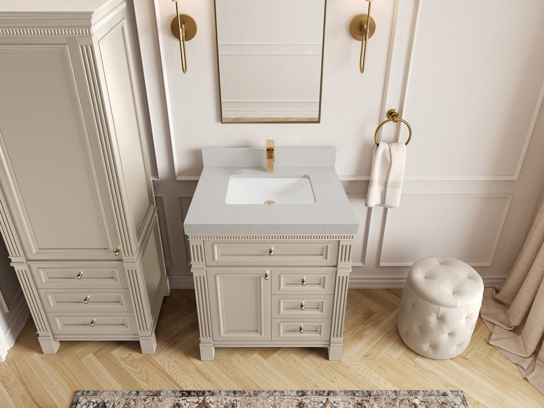Paris 30 in. W x 22 in. D Single Sink Bathroom Vanity in Fine Grain   with 2 in Carrara Quartz Countertop – Top View