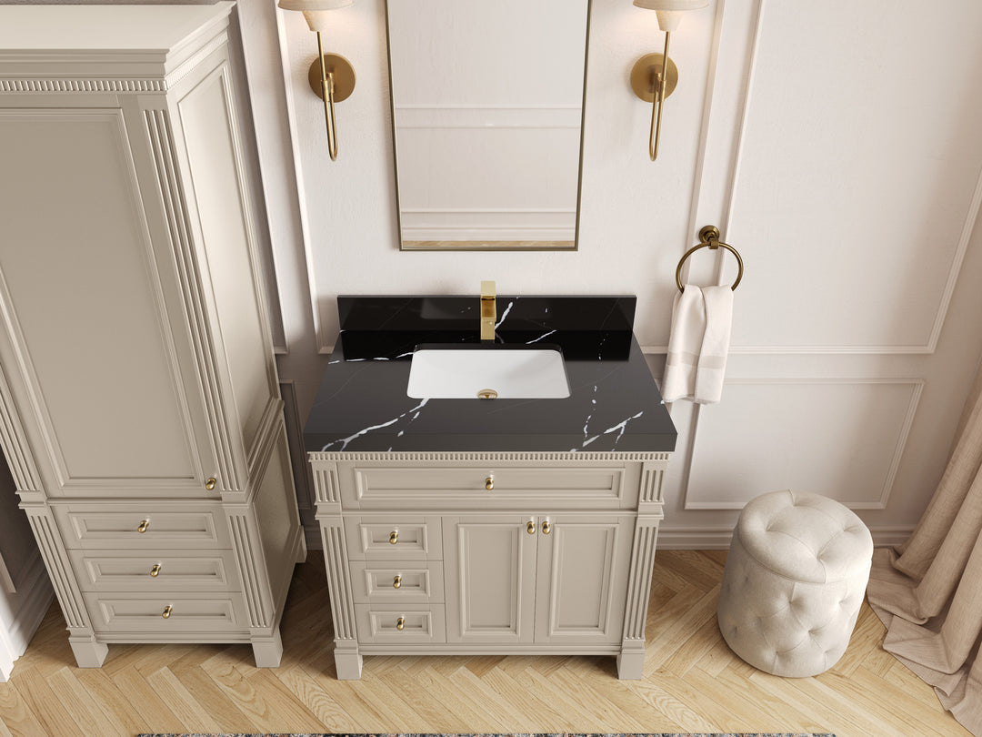 Paris 36 in. W x 22 in. D Center Sink Bathroom Vanity in Fine Grain with 2 in Calacatta Black Quartz Countertop – Top View
