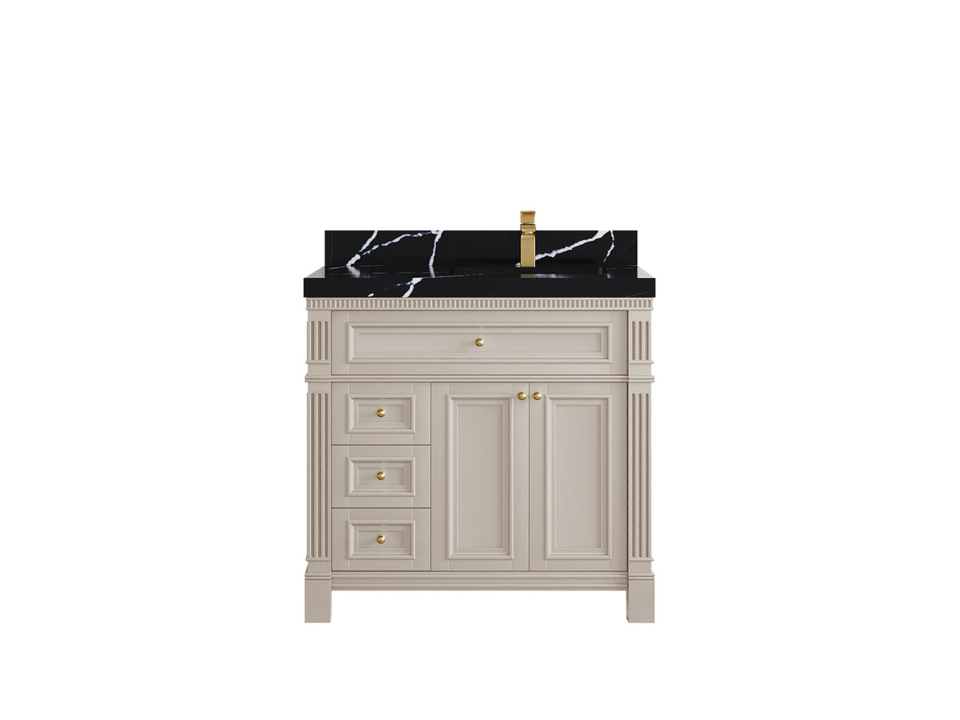 Paris 36 in. W x 22 in. D Right  Offset Sink Bathroom Vanity in Fine Grain with 2 in Calacatta Black Quartz Countertop
