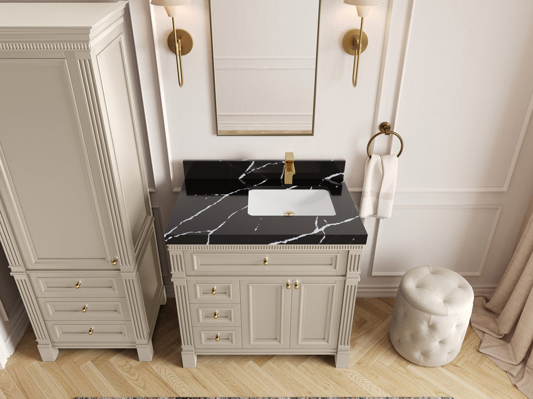 Paris 36 in. W x 22 in. D Right  Offset Sink Bathroom Vanity in Fine Grain with 2 in Calacatta Black Quartz Countertop – Top View
