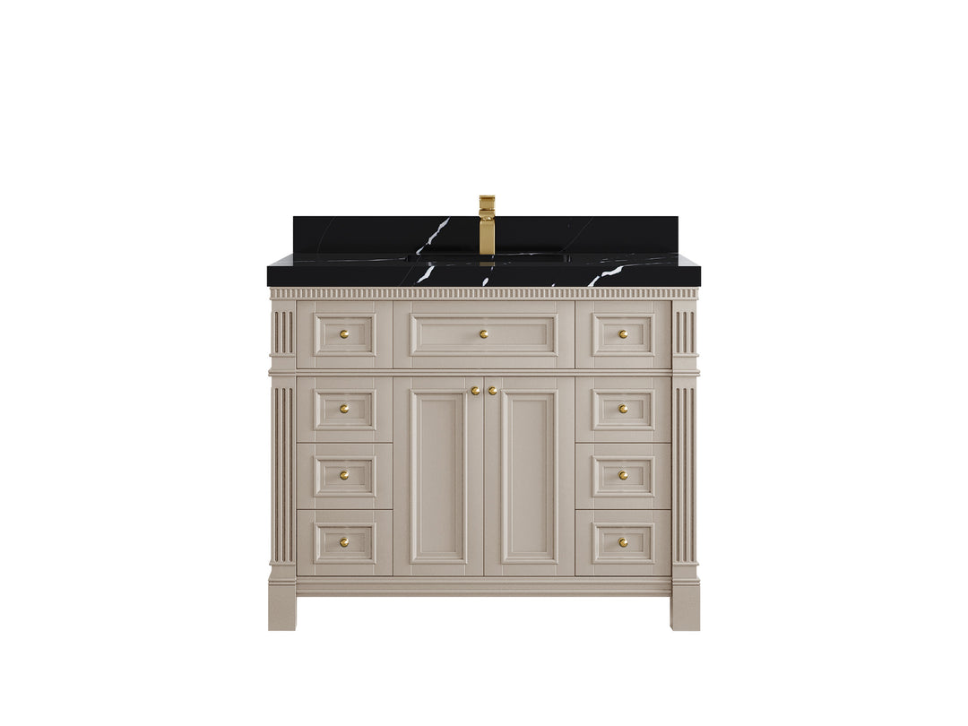 Paris 42 in. W x 22 in. D Single Sink Bathroom Vanity in  Fine Grain with 2 in Calacatta Black Quartz Countertop