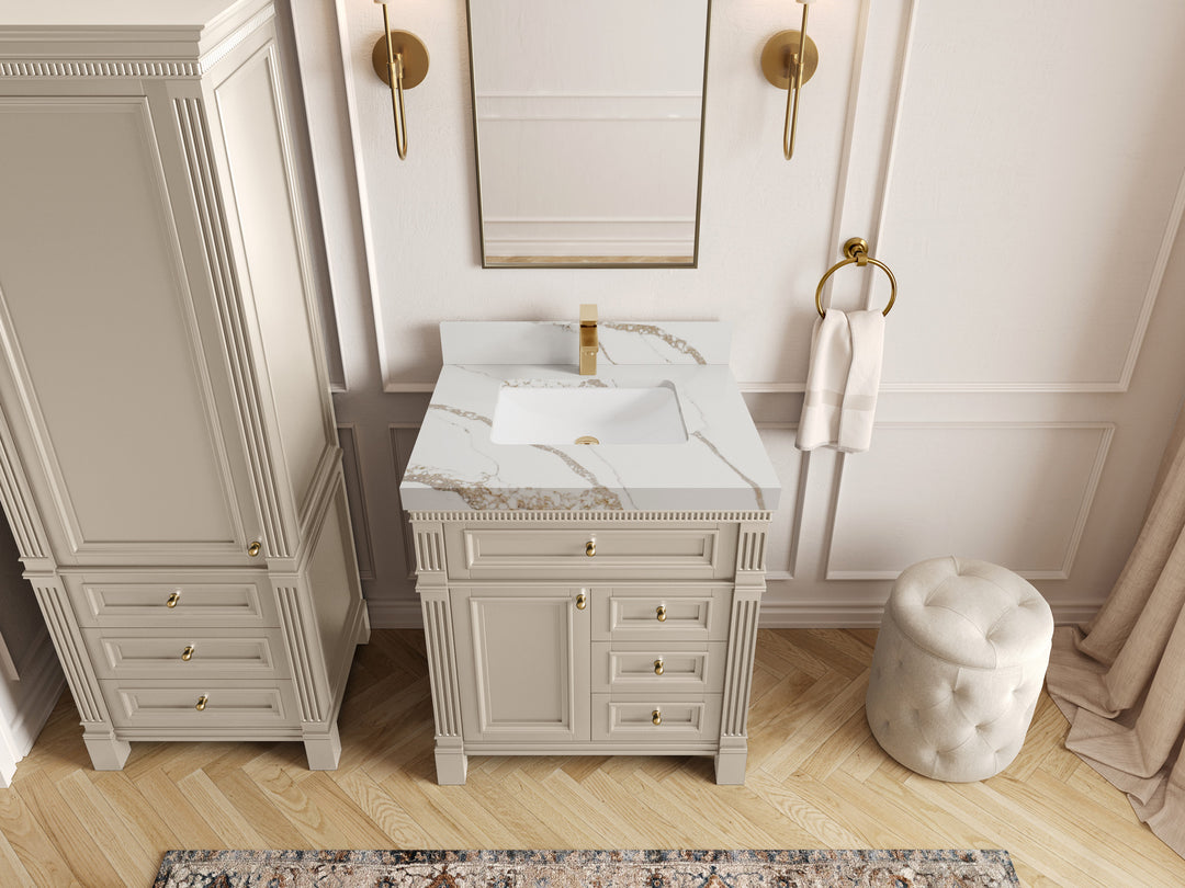 Paris 30 in. W x 22 in. D Single Sink Bathroom Vanity in Fine Grain   with 2 in Calacatta Gold Quartz Countertop – Top View