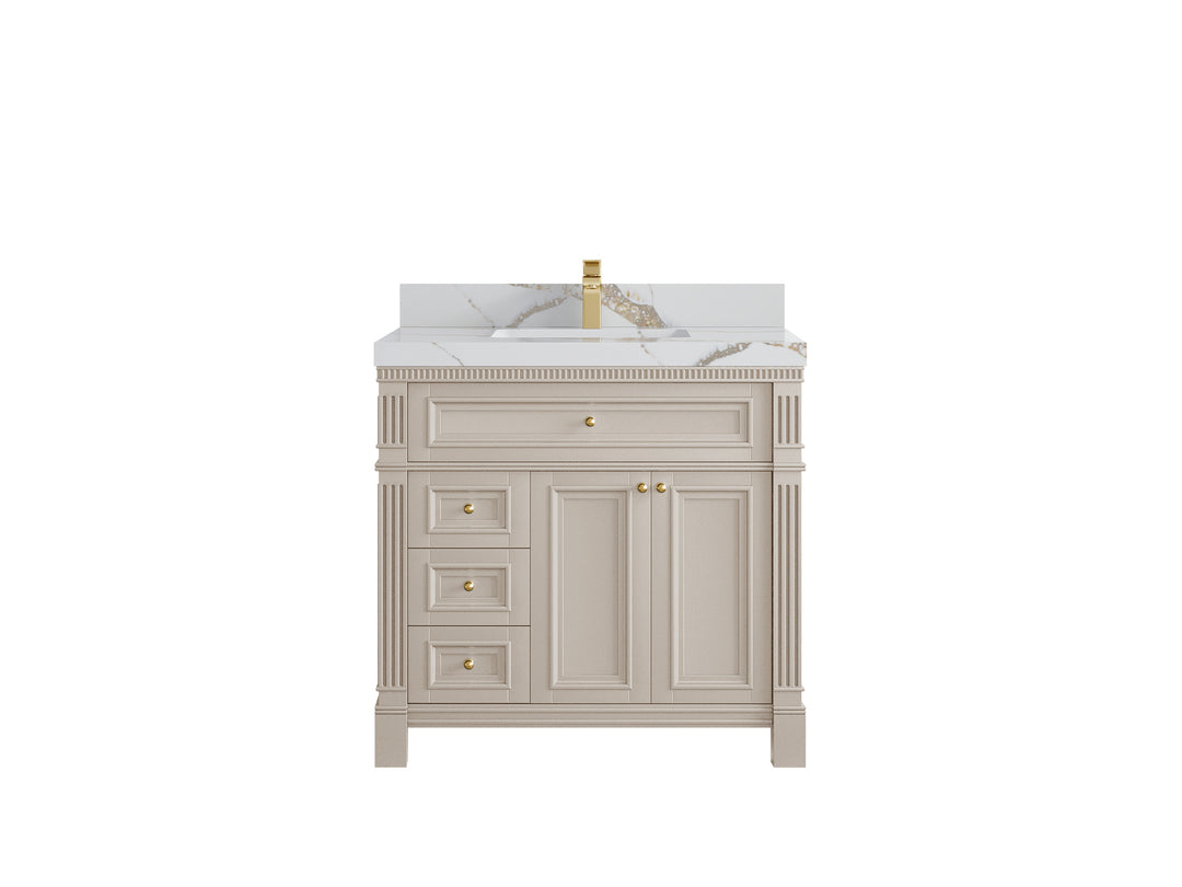 Paris 36 in. W x 22 in. D  Center  Sink Bathroom Vanity in Fine Grain  with 2 in Calacatta Gold Quartz Countertop