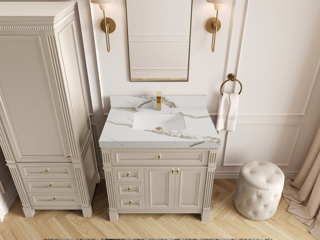 Paris 36 in. W x 22 in. D Center Sink Bathroom Vanity in Fine Grain  with 2 in Calacatta Gold Quartz Countertop – Top View
