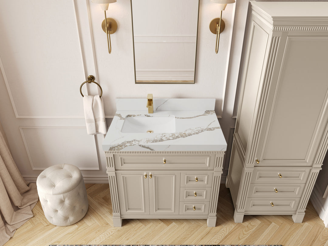 Paris 36 in. W x 22 in. D Left Offset Sink Bathroom Vanity in Fine Grain with 2 in Calacatta Gold Quartz Countertop – Top View