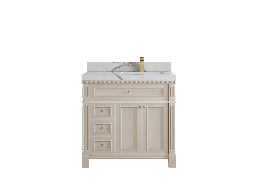Paris 36 in. W x 22 in. D  Right  Offset  Sink Bathroom Vanity in Fine Grain with 2 in Calacatta Gold Quartz Countertop