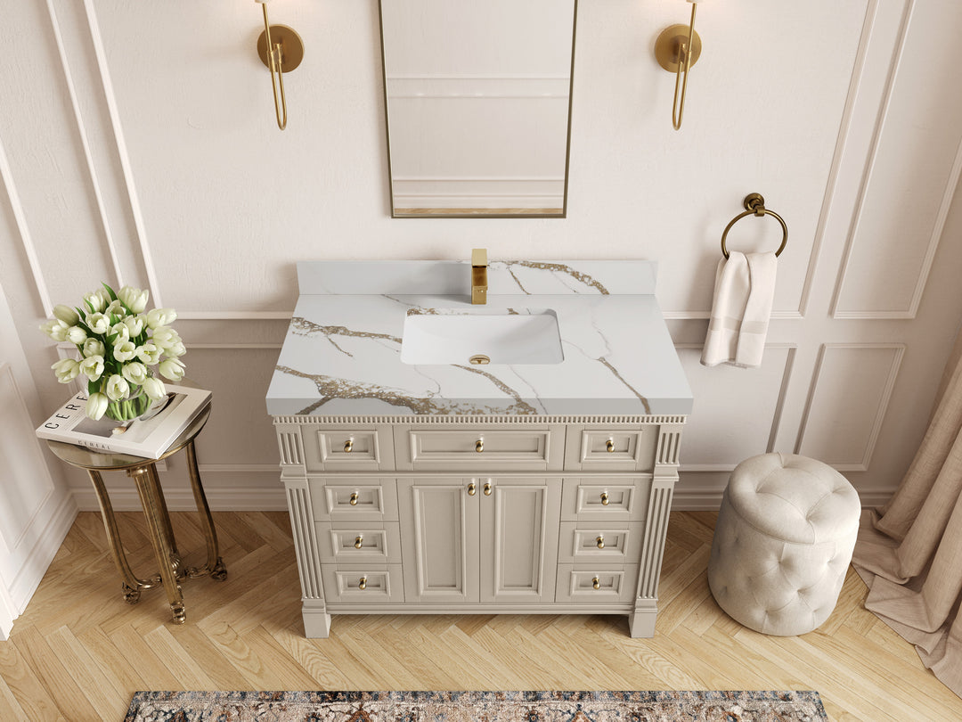 Paris 42 in. W x 22 in. D Single Sink Bathroom Vanity in Fine Grain  with 2 in Calacatta Gold Quartz Countertop – Top View