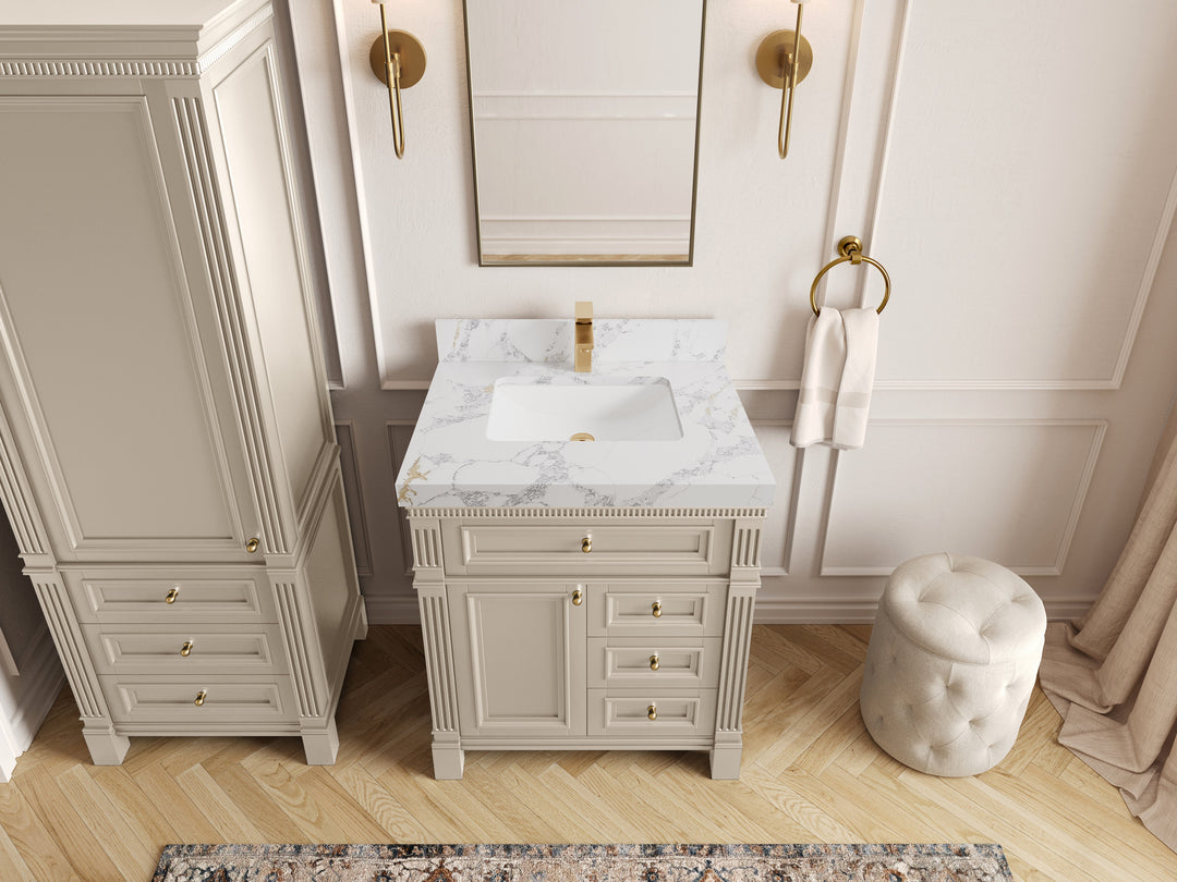 Paris 30 in. W x 22 in. D Single Sink Bathroom Vanity in Fine Grain   with 2 in Poanazzo Quartz Countertop – Top View