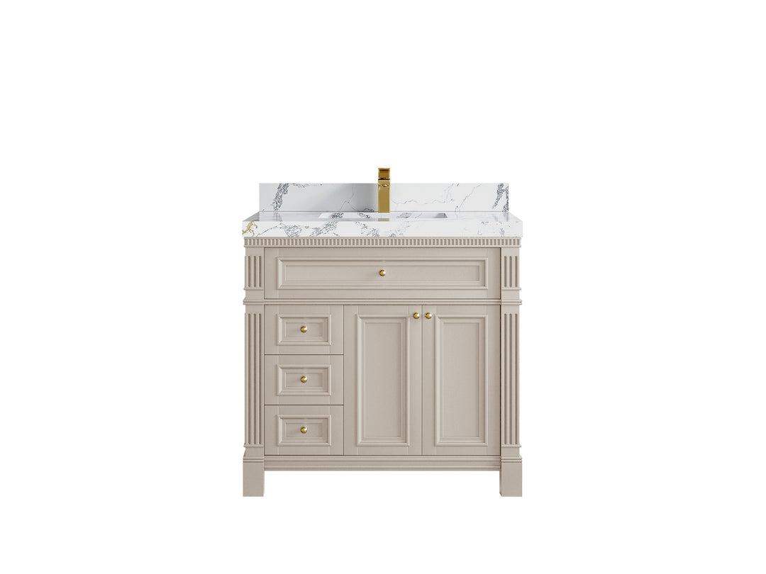 Paris 36 in. W x 22 in. D Center Sink Bathroom Vanity in Fine Grain  with 2 in Poanazzo Quartz Countertop