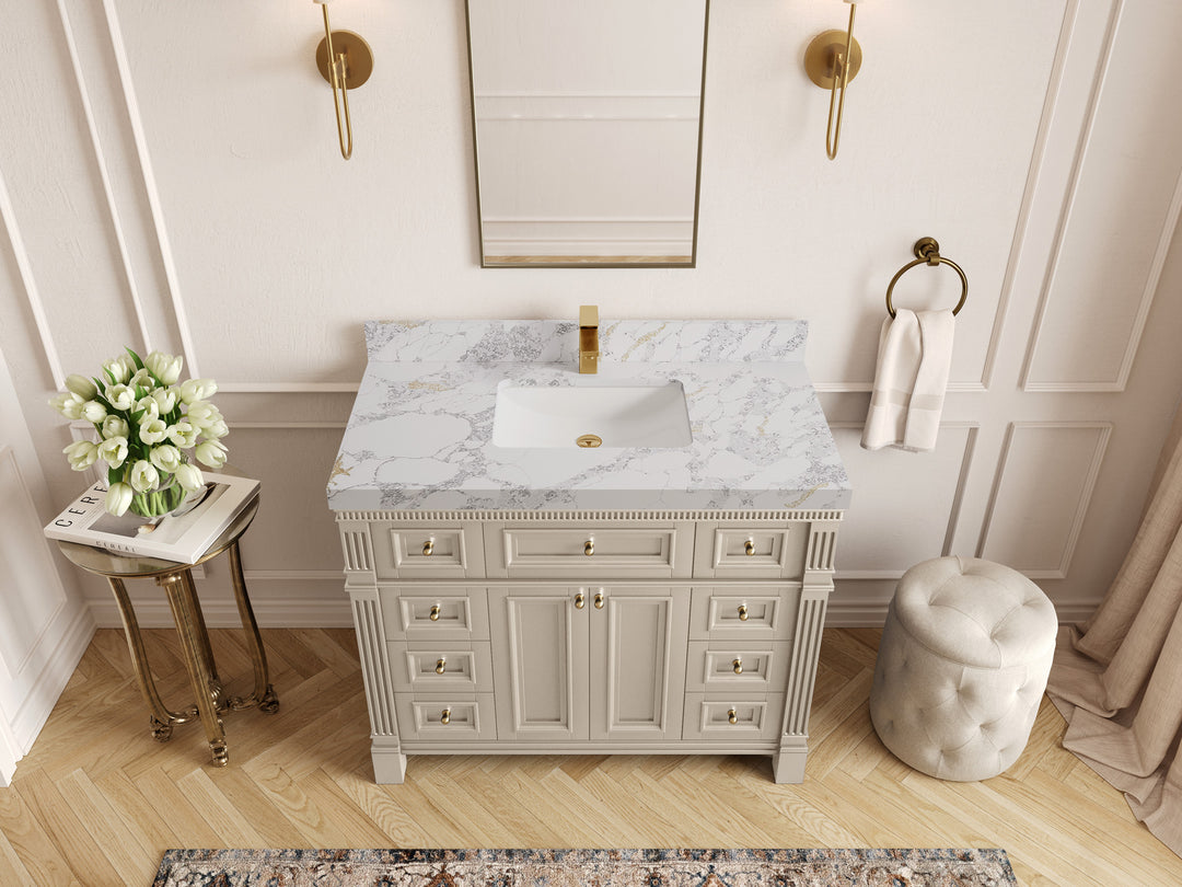 Paris 42 in. W x 22 in. D Single Sink Bathroom Vanity in Fine Grain  with 2 in Poanazzo Quartz Countertop – Top View