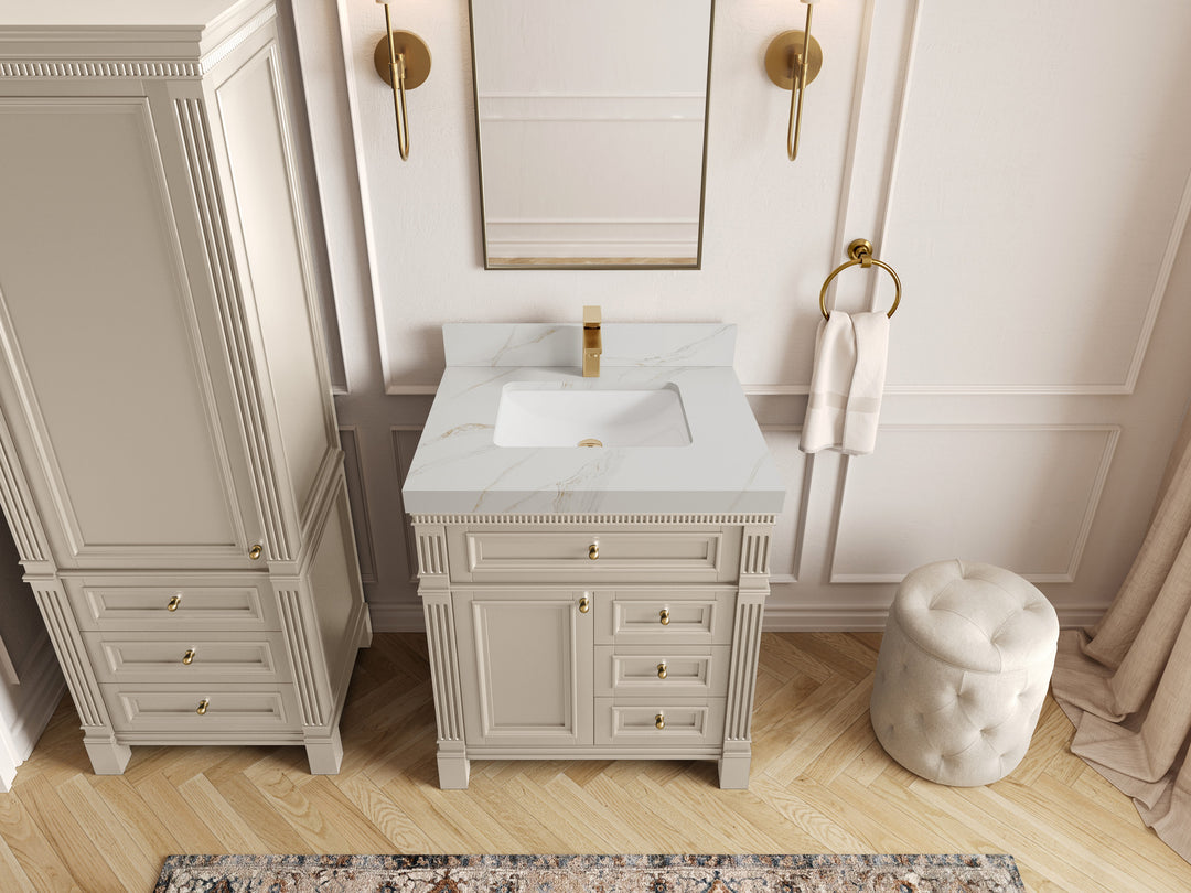 Paris 30 in. W x 22 in. D  Single  Sink Bathroom Vanity in Fine Grain   with 2 in Calacatta Sienna Quartz Countertop – Top View