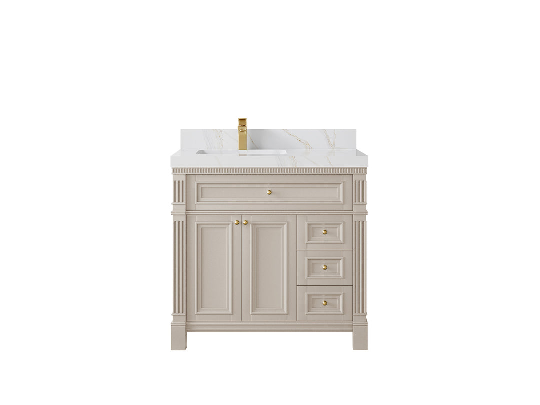 Paris 36 in. W x 22 in. D  Left Offset  Sink Bathroom Vanity in Fine Grain with 2 in Calacatta Sienna Quartz Countertop