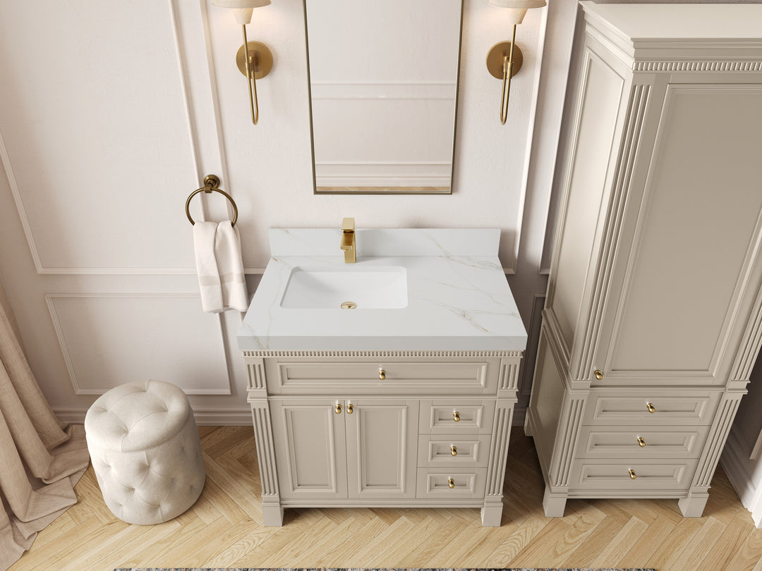 Paris 36 in. W x 22 in. D  Left Offset  Sink Bathroom Vanity in Fine Grain with 2 in Calacatta Sienna Quartz Countertop – Top View