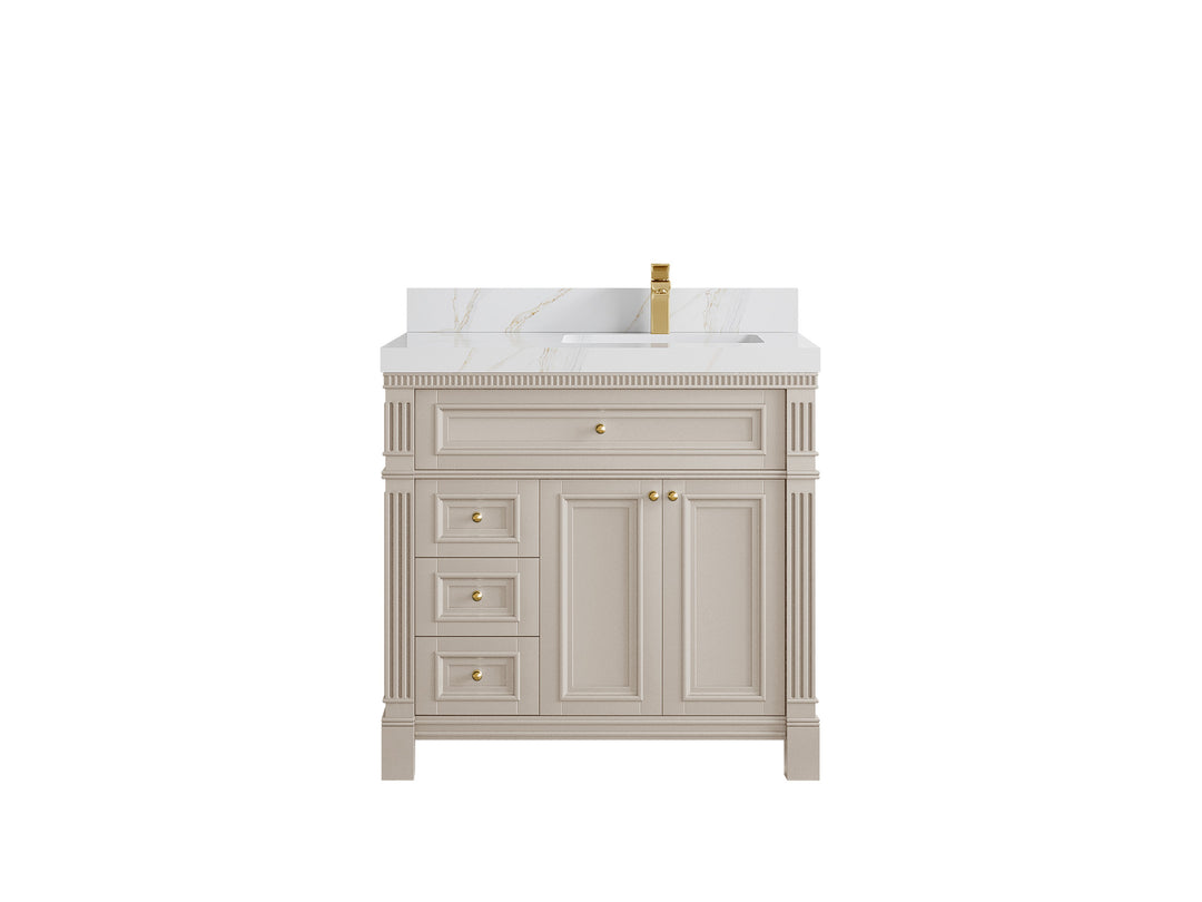 Paris 36 in. W x 22 in. D  Right  Offset  Sink Bathroom Vanity in Fine Grain with 2 in Calacatta Sienna Quartz Countertop