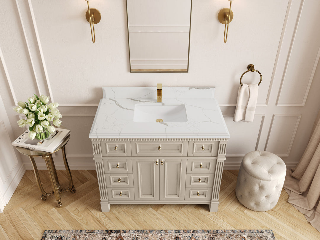 Paris 42 in. W x 22 in. D Single Sink Bathroom Vanity in Fine Grain  with 2 in Carrara Marble Countertop – Top View