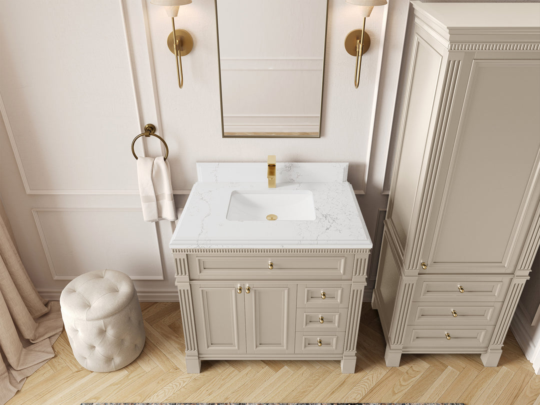 Paris 36 in. W x 22 in. D Center Sink Bathroom Vanity in Fine Grain  with 1.5 in Empira White Quartz Countertop – Top View