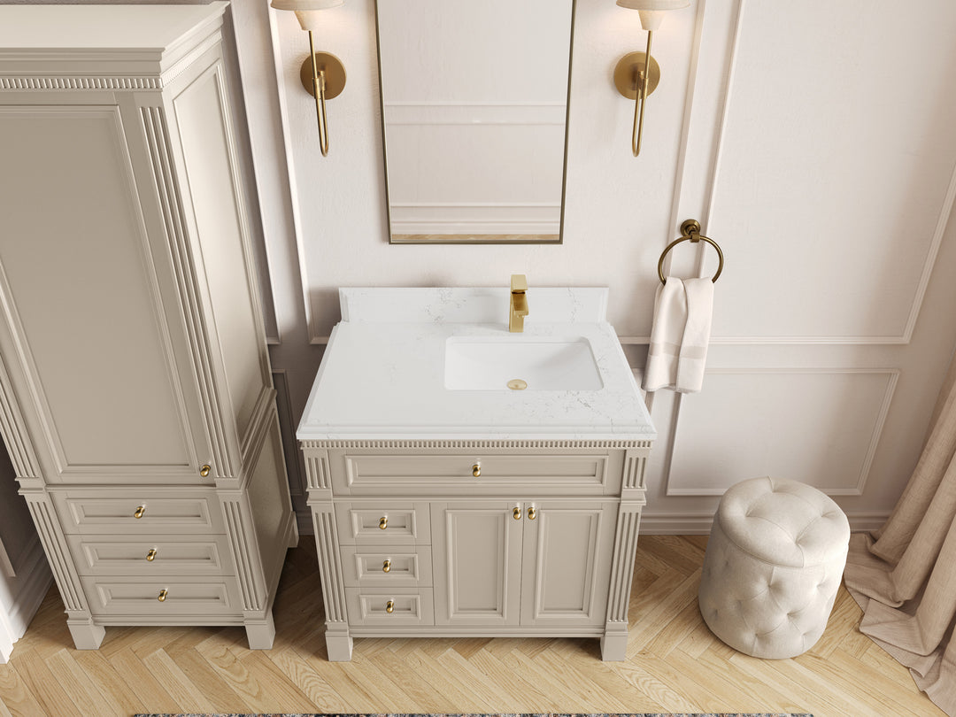 Paris 36 in. W x 22 in. D Right  Offset Sink Bathroom Vanity in Fine Grain with 1.5 in Empira White Quartz Countertop – Top View