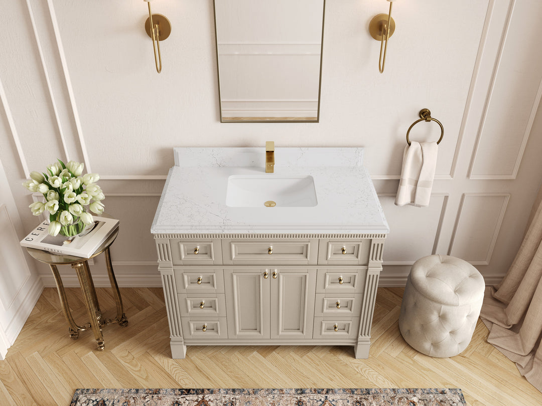 Paris 42 in. W x 22 in. D Single Sink Bathroom Vanity in Fine Grain  with 1.5 in Empira White Quartz Countertop – Top View