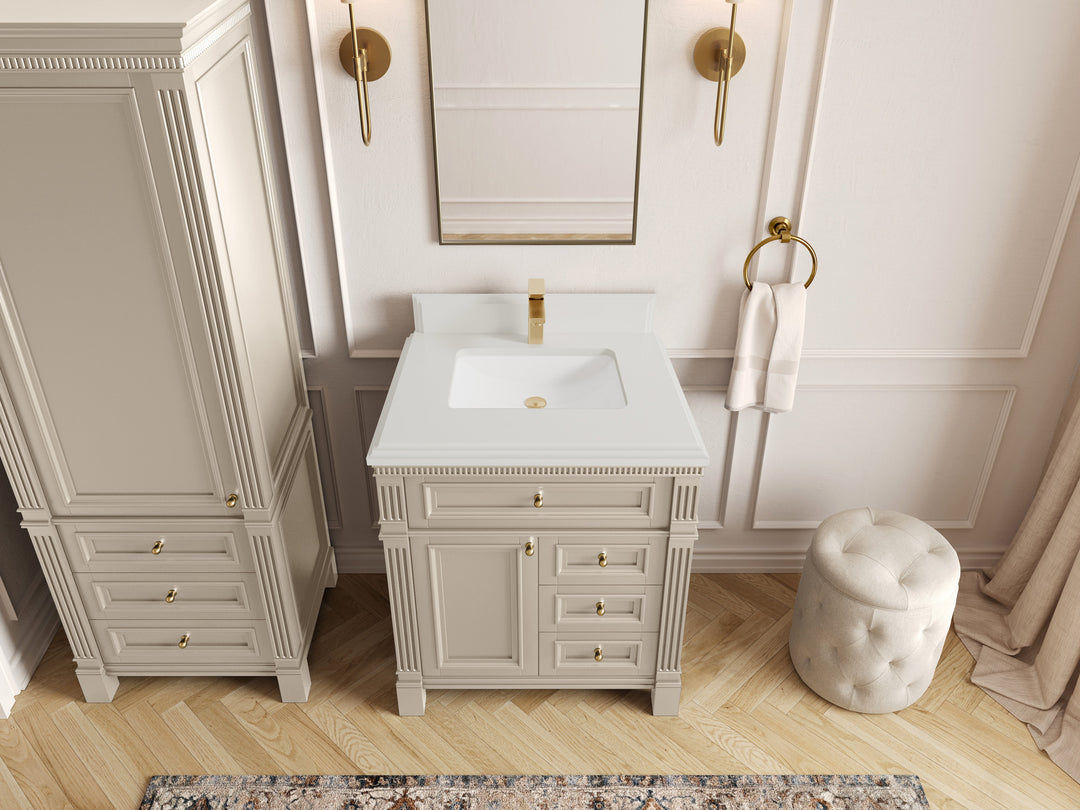 Paris 30 in. W x 22 in. D Single Sink Bathroom Vanity in Fine Grain   with 1.5 in White Quartz Countertop – Top View