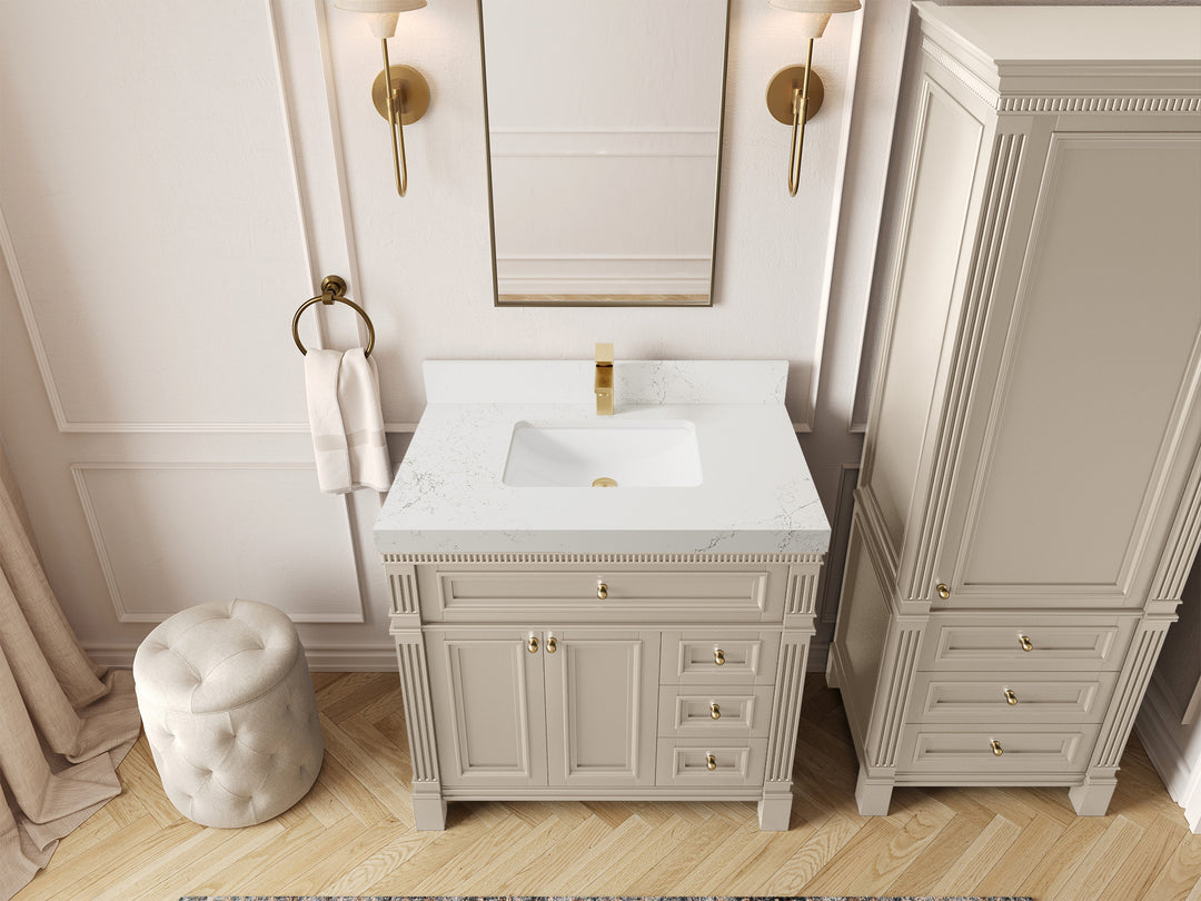 Paris 36 in. W x 22 in. D Center Sink Bathroom Vanity in Fine Grain  with 2 in Empira White Quartz Countertop – Top View