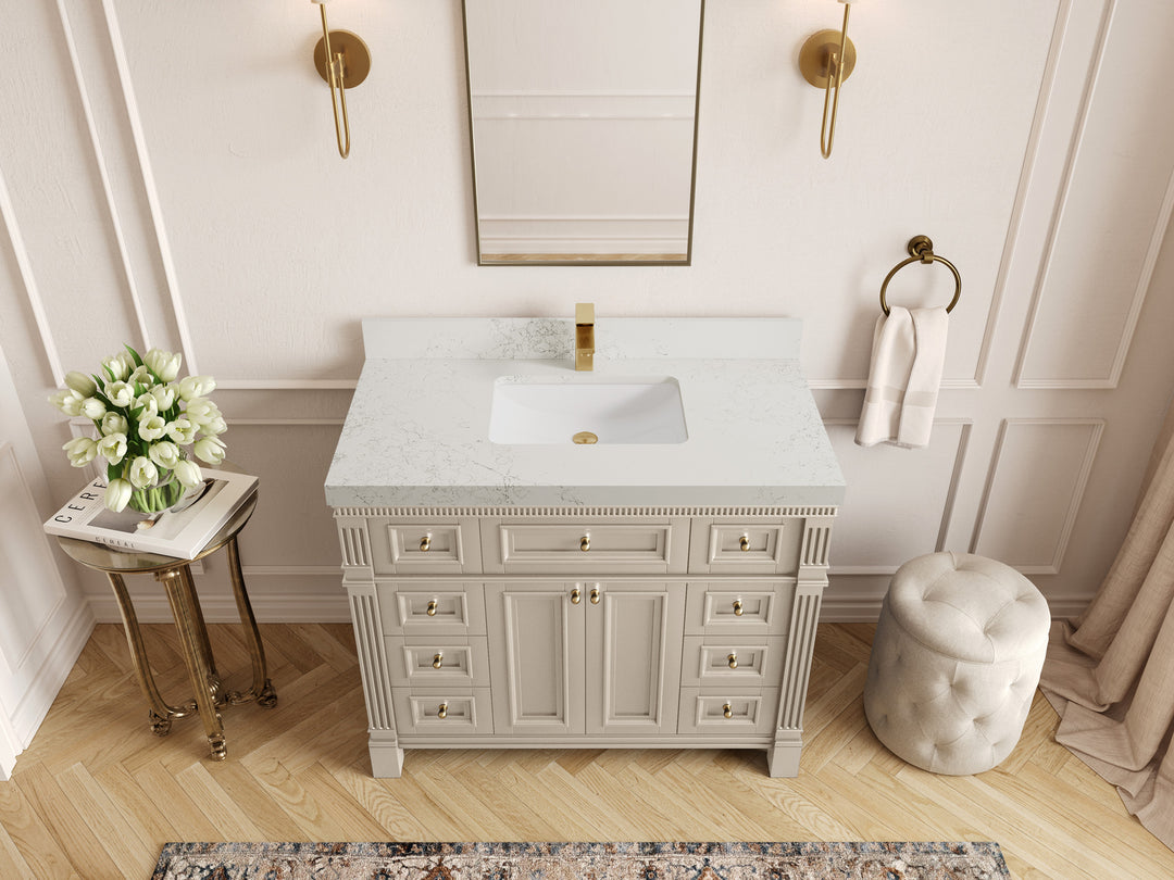 Paris 42 in. W x 22 in. D Single Sink Bathroom Vanity in Fine Grain  with 2 in Empira White Quartz Countertop – Top View
