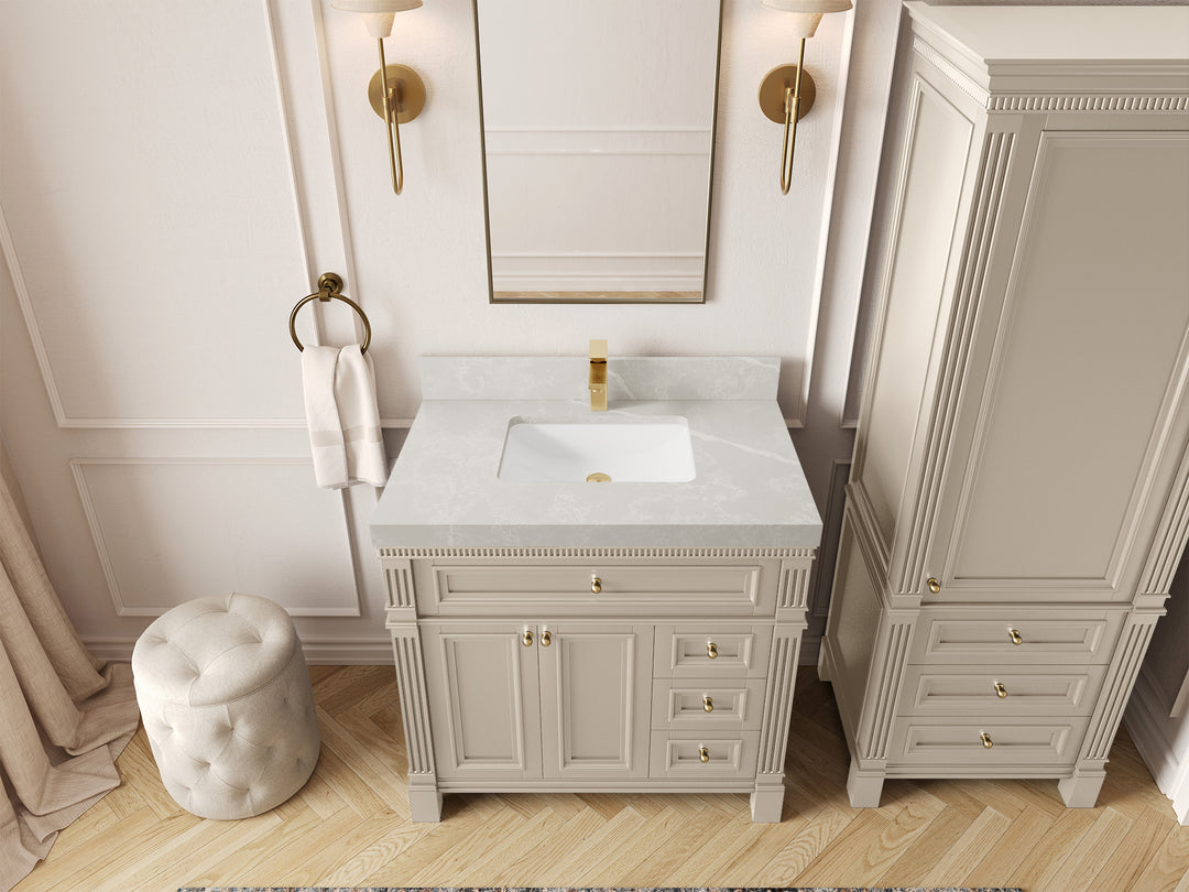 Paris 36 in. W x 22 in. D Center Sink Bathroom Vanity in Fine Grain  with 2 in Pearl Light Gray Quartz Countertop – Top View