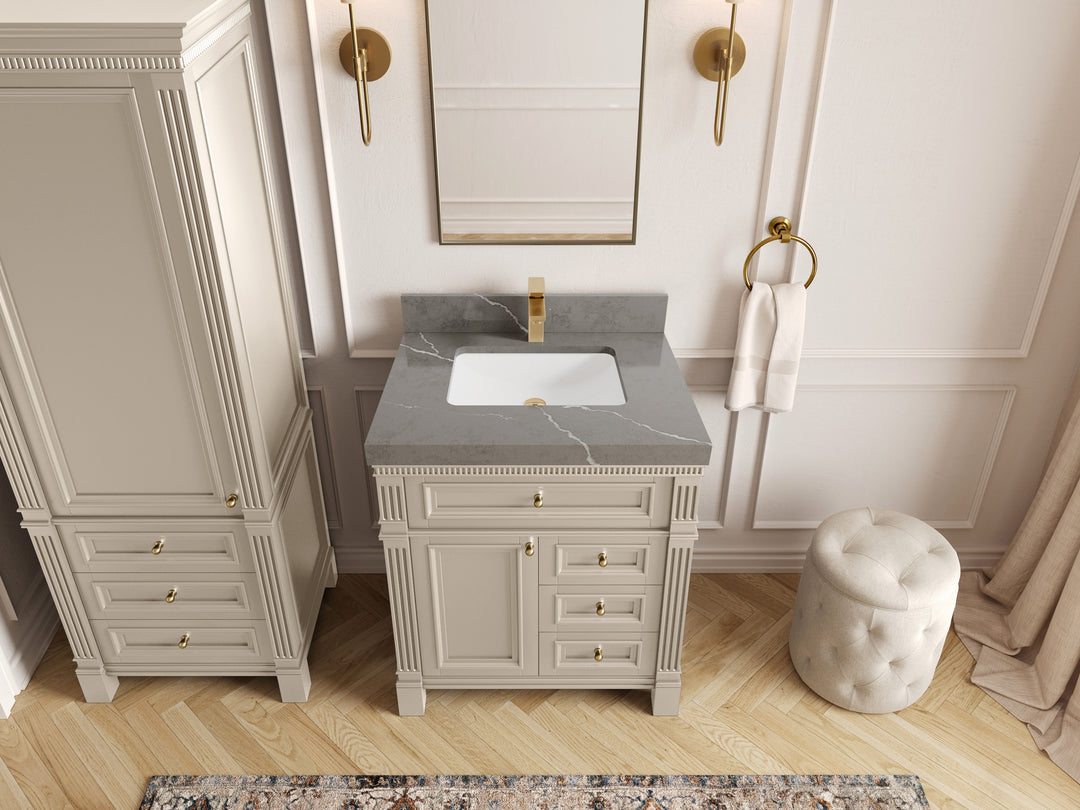 Paris 30 in. W x 22 in. D Single Sink Bathroom Vanity in Fine Grain   with 2 in Piatra Gray Quartz Countertop – Top View