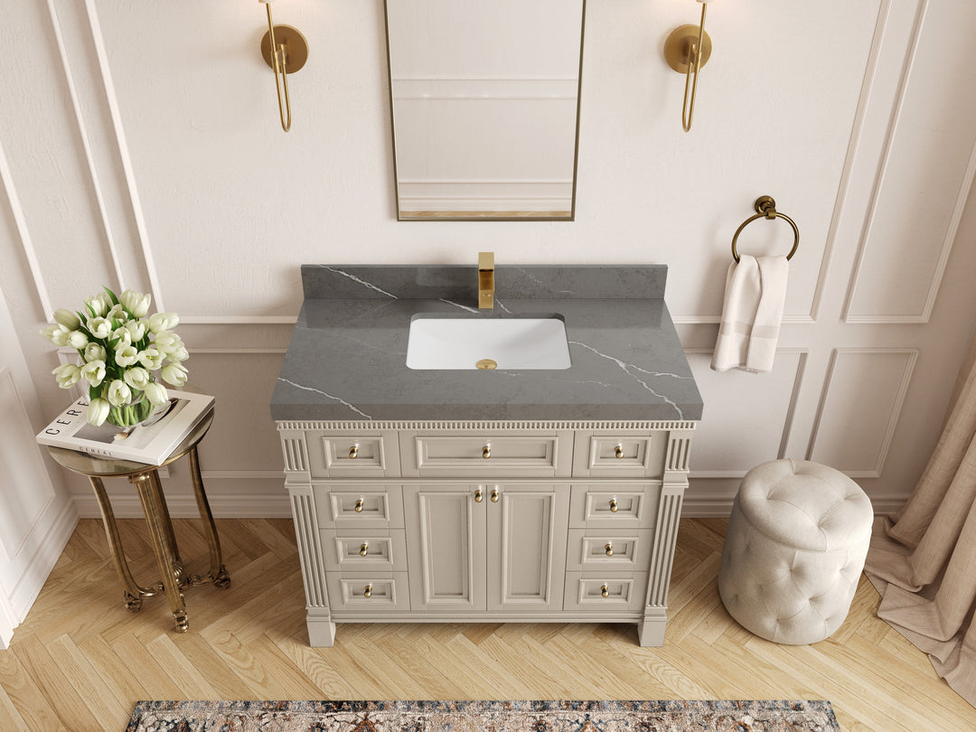 Paris 42 in. W x 22 in. D Single Sink Bathroom Vanity in Fine Grain  with 2 in Piatra Gray Quartz Countertop – Top View