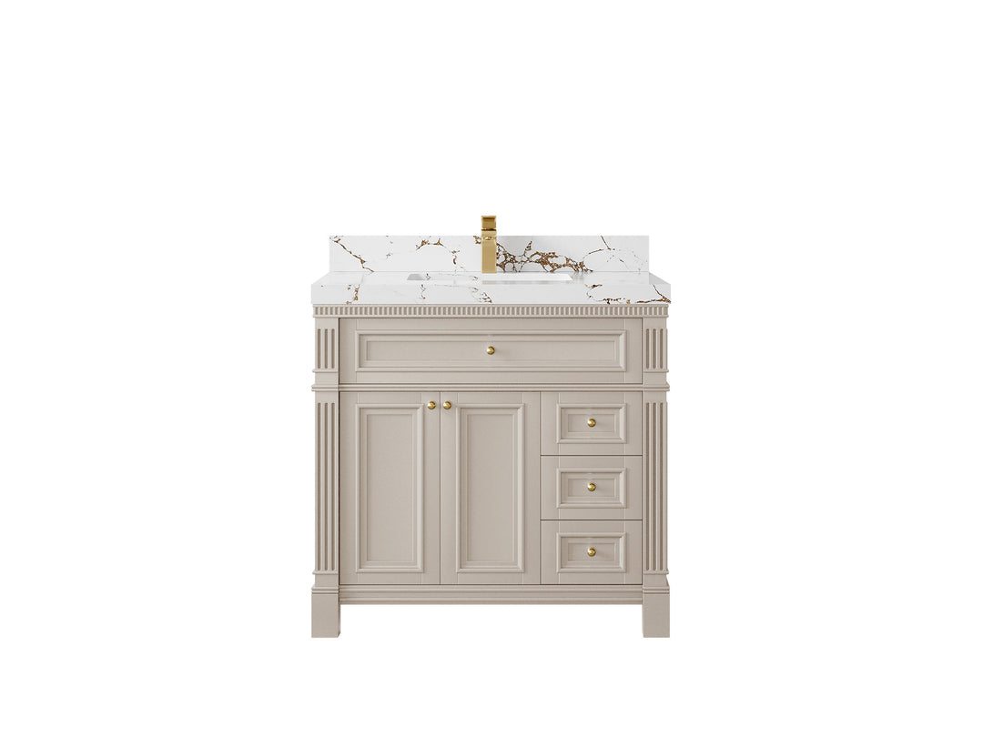 Paris 36 in. W x 22 in. D Center Sink Bathroom Vanity in Fine Grain  with 2 in Viola Brown Quartz Countertop