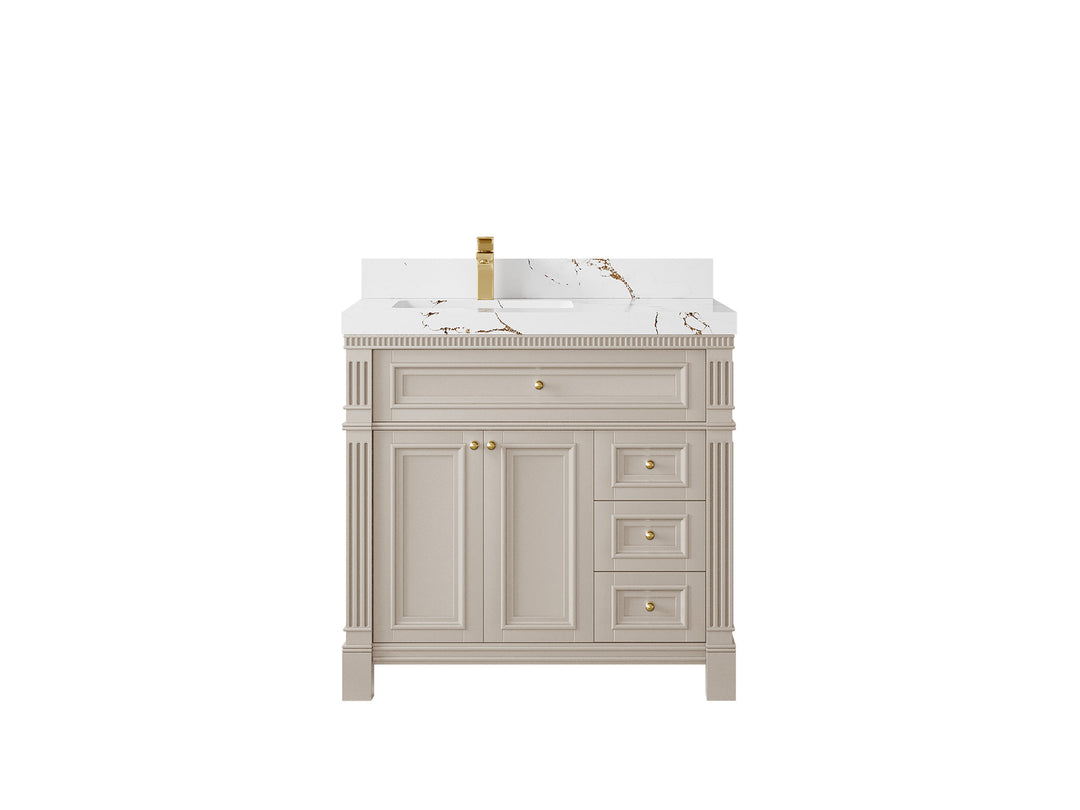 Paris 36 in. W x 22 in. D Left Offset Sink Bathroom Vanity in Fine Grain with 2 in Viola Brown Quartz Countertop