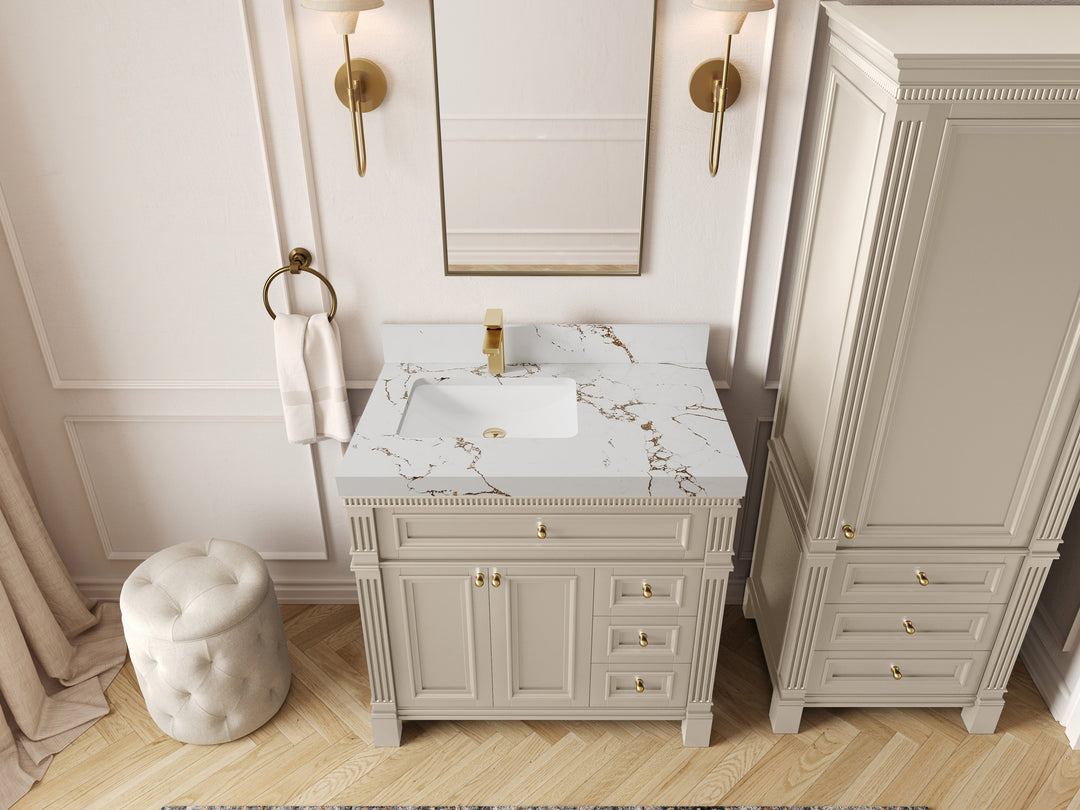 Paris 36 in. W x 22 in. D Left Offset Sink Bathroom Vanity in Fine Grain with 2 in Viola Brown Quartz Countertop – Top View