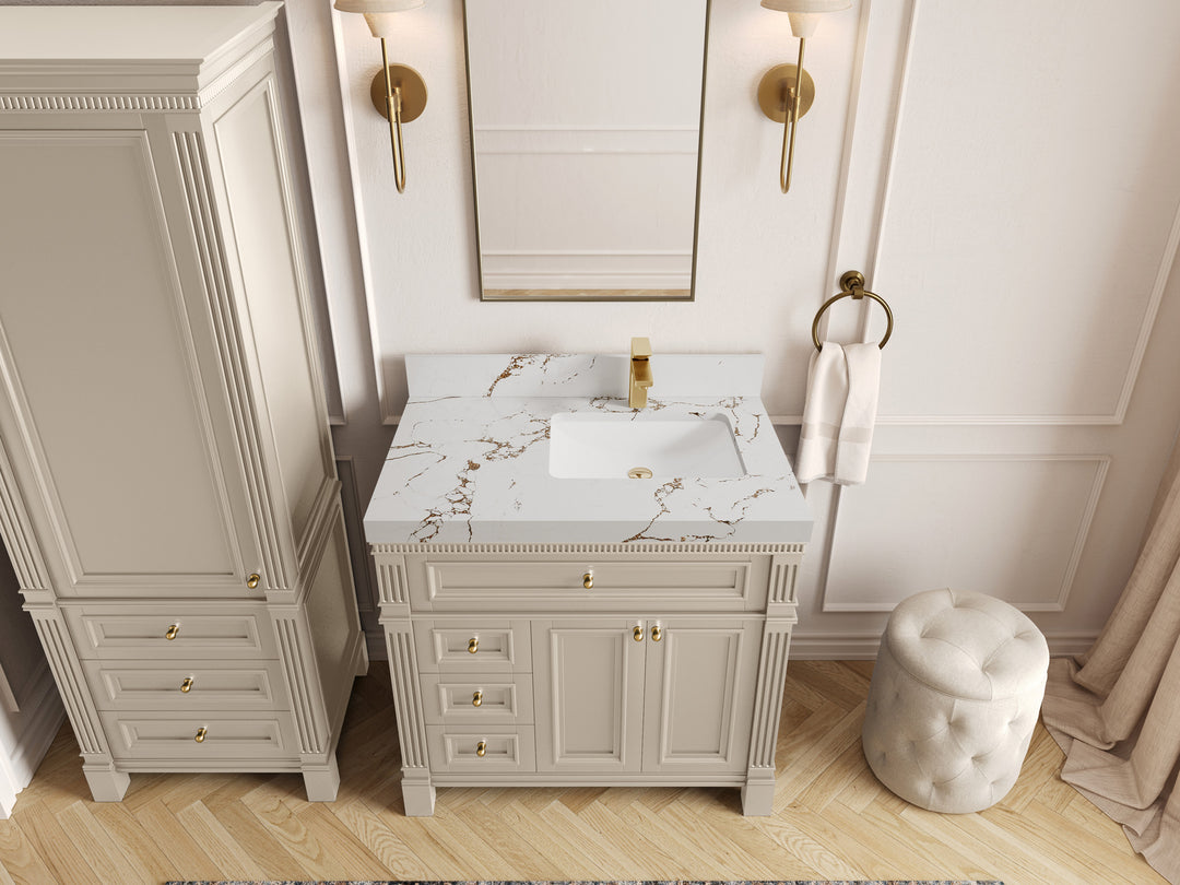 Paris 36 in. W x 22 in. D Right  Offset Sink Bathroom Vanity in Fine Grain with 2 in Viola Brown Quartz Countertop – Top View