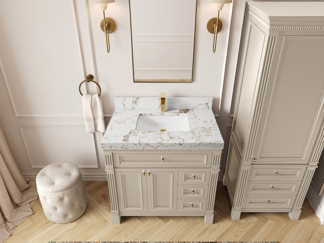 Paris 36 in. W x 22 in. D Center Sink Bathroom Vanity in Fine Grain  with 2 in Viola Gold Quartz Countertop – Top View