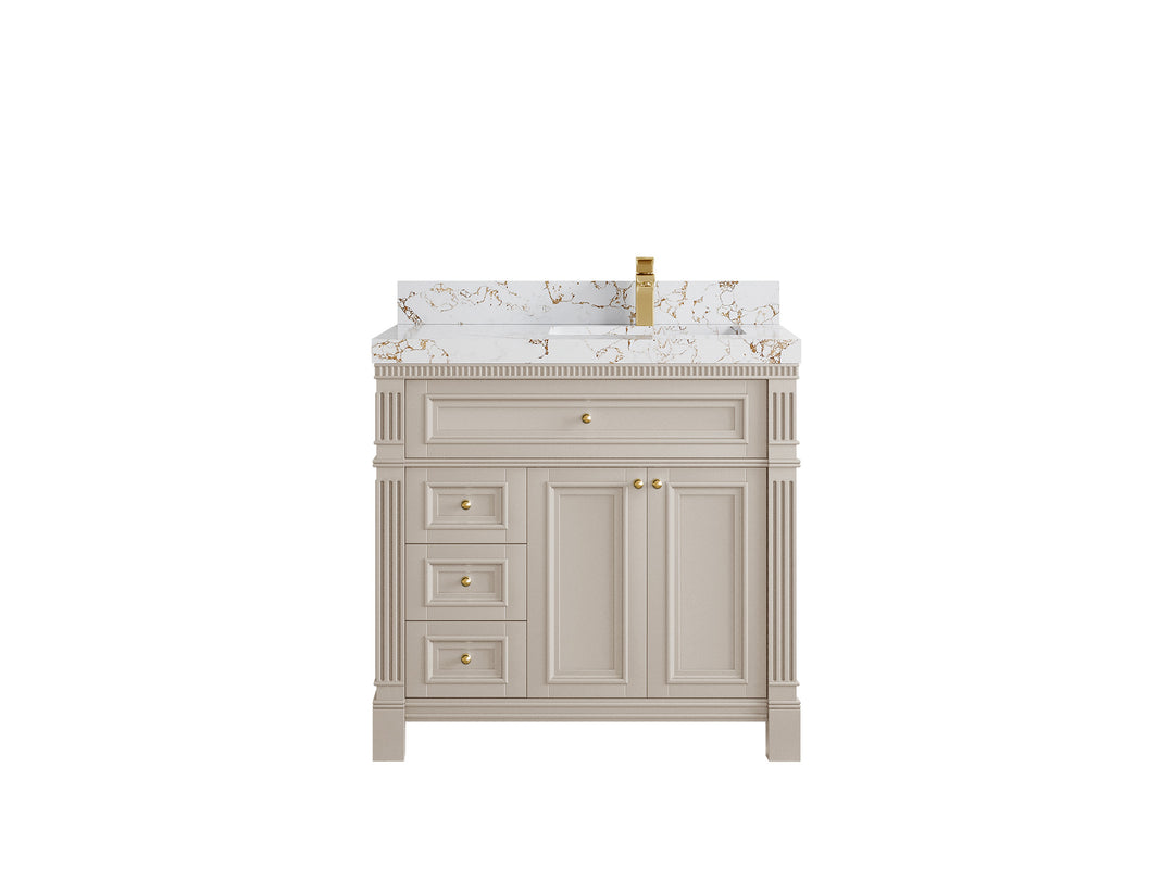 Paris 36 in. W x 22 in. D Right  Offset Sink Bathroom Vanity in Fine Grain with 2 in Viola Gold Quartz Countertop
