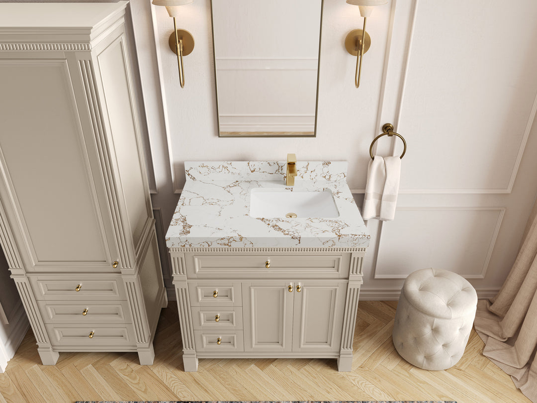 Paris 36 in. W x 22 in. D Right  Offset Sink Bathroom Vanity in Fine Grain with 2 in Viola Gold Quartz Countertop – Top View