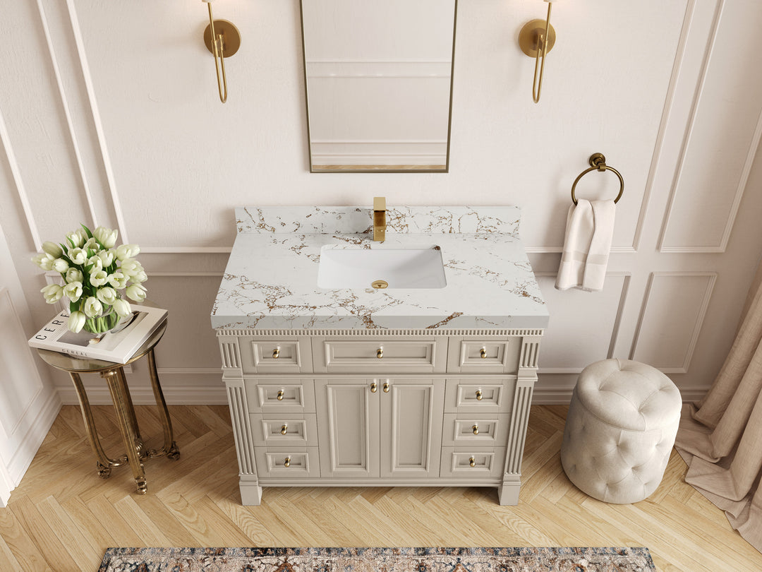 Paris 42 in. W x 22 in. D Single Sink Bathroom Vanity in Fine Grain  with 2 in Viola Gold Quartz Countertop – Top View