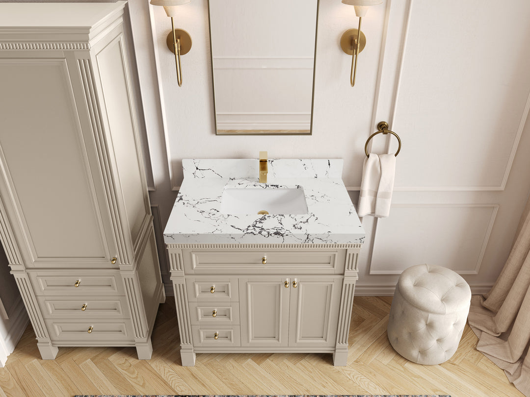 Paris 36 in. W x 22 in. D Center Sink Bathroom Vanity in Fine Grain  with 2 in Viola Night Quartz Countertop – Top View
