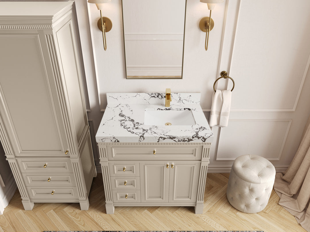 Paris 36 in. W x 22 in. D Right  Offset Sink Bathroom Vanity in Fine Grain with 2 in Viola Night Quartz Countertop – Top View