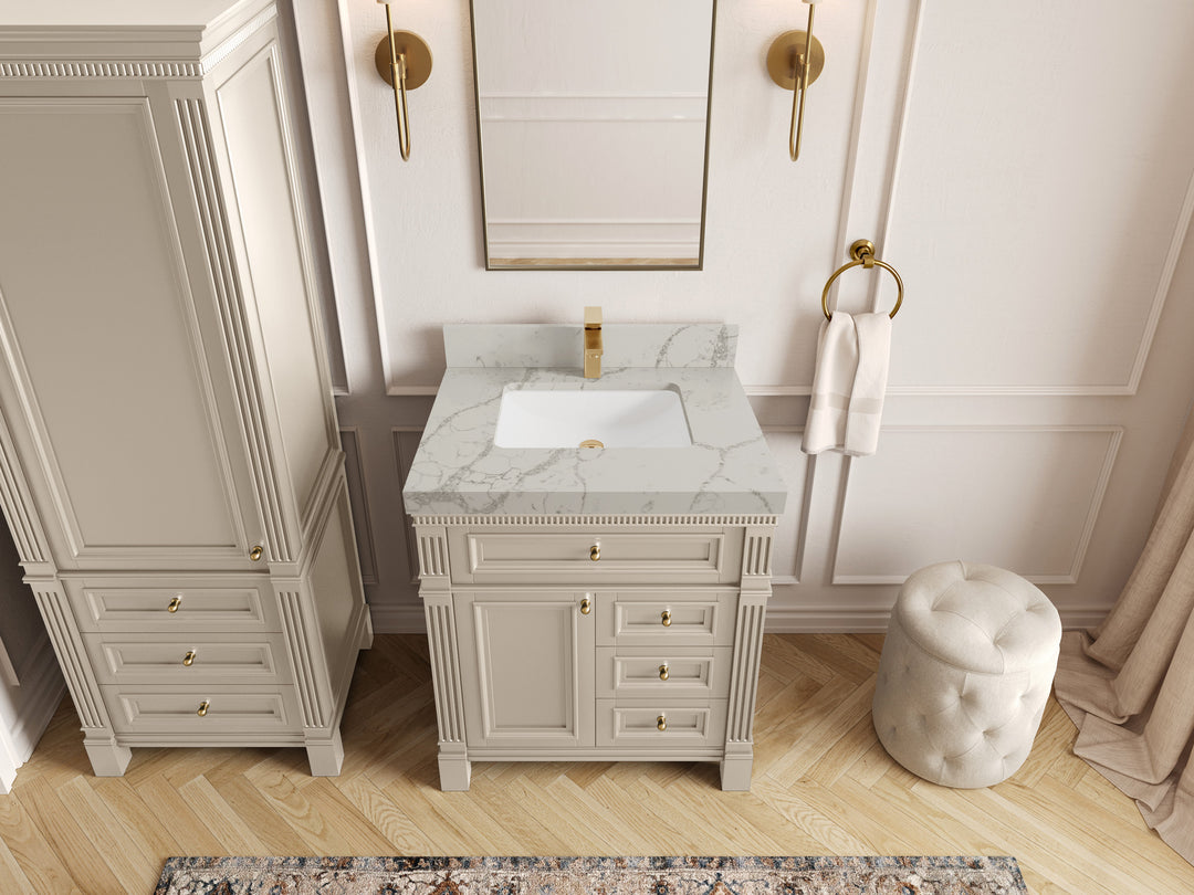 Paris 30 in. W x 22 in. D Single Sink Bathroom Vanity in Fine Grain   with 2 in Venatino Quartz Countertop – Top View