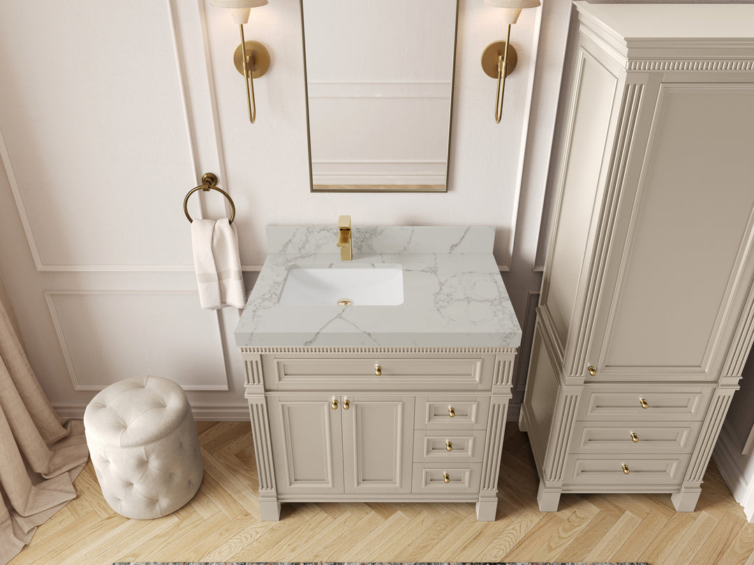 Paris 36 in. W x 22 in. D Left Offset Sink Bathroom Vanity in Fine Grain with 2 in Venatino Quartz Countertop – Top View