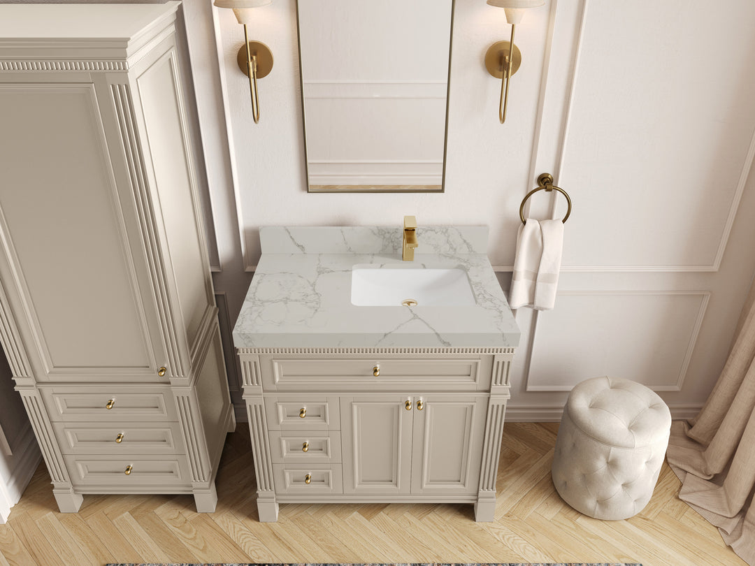 Paris 36 in. W x 22 in. D Right  Offset Sink Bathroom Vanity in Fine Grain with 2 in Venatino Quartz Countertop – Top View