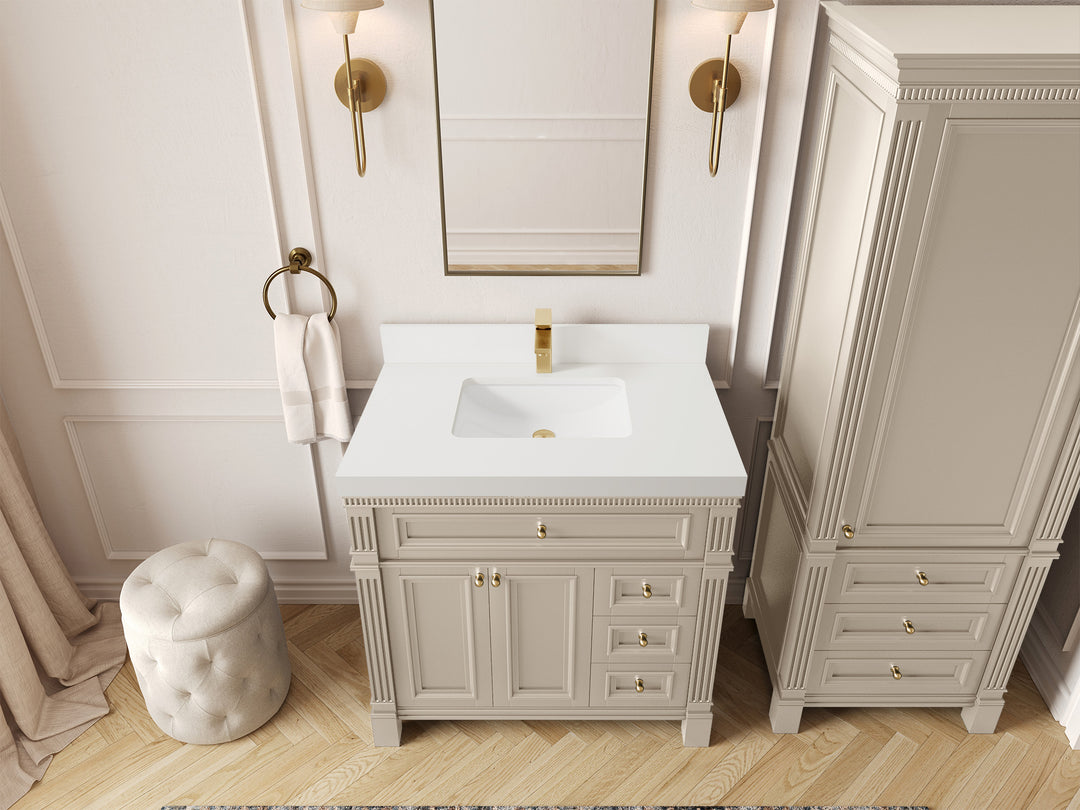 Paris 36 in. W x 22 in. D Center Sink Bathroom Vanity in Fine Grain  with 2 in White Quartz Countertop – Top View