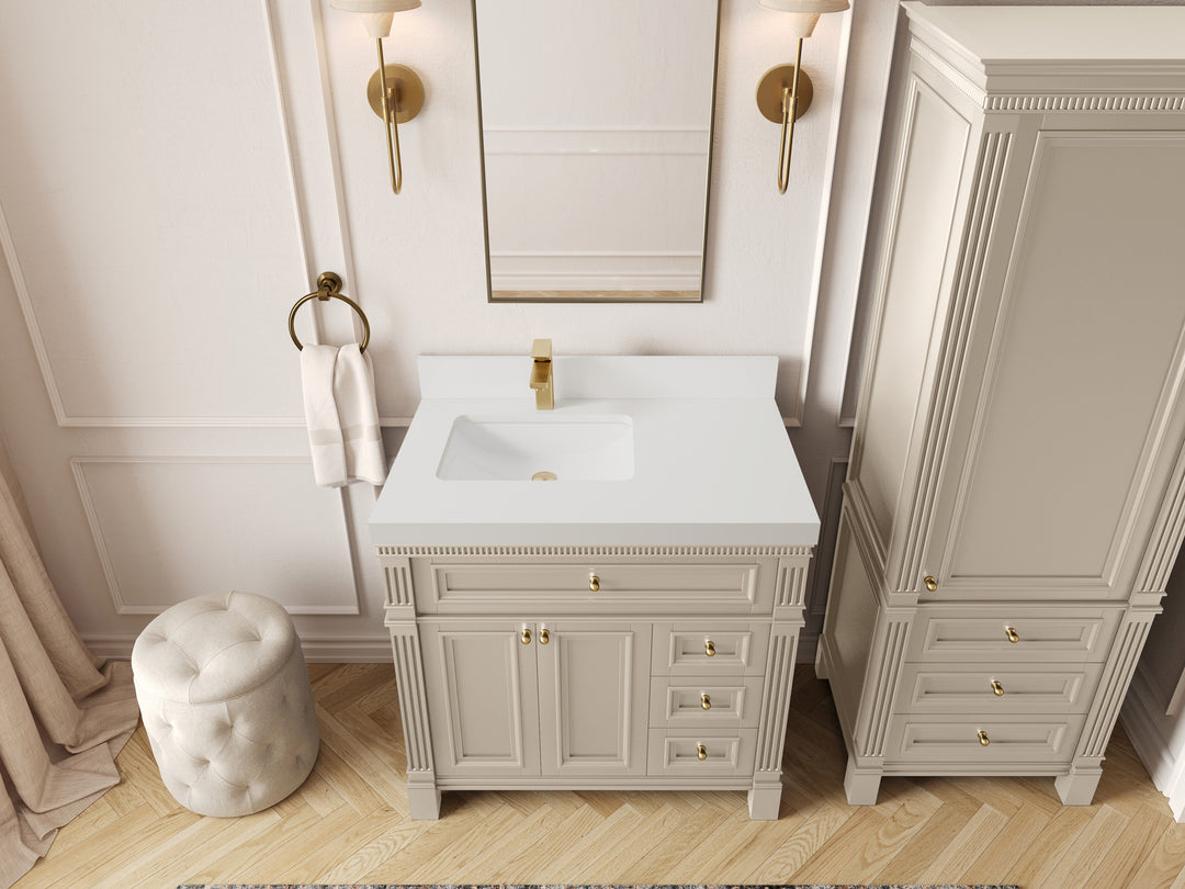 Paris 36 in. W x 22 in. D Left Offset Sink Bathroom Vanity in Fine Grain with 2 in White Quartz Countertop – Top View