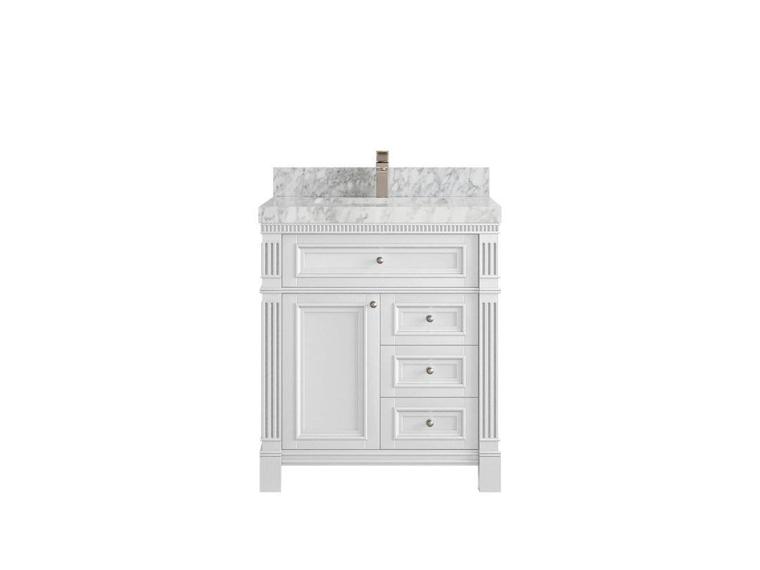 Paris 30 in. W x 22 in. D Single Sink Bathroom Vanity in White  with 2 in Carrara Marble Countertop