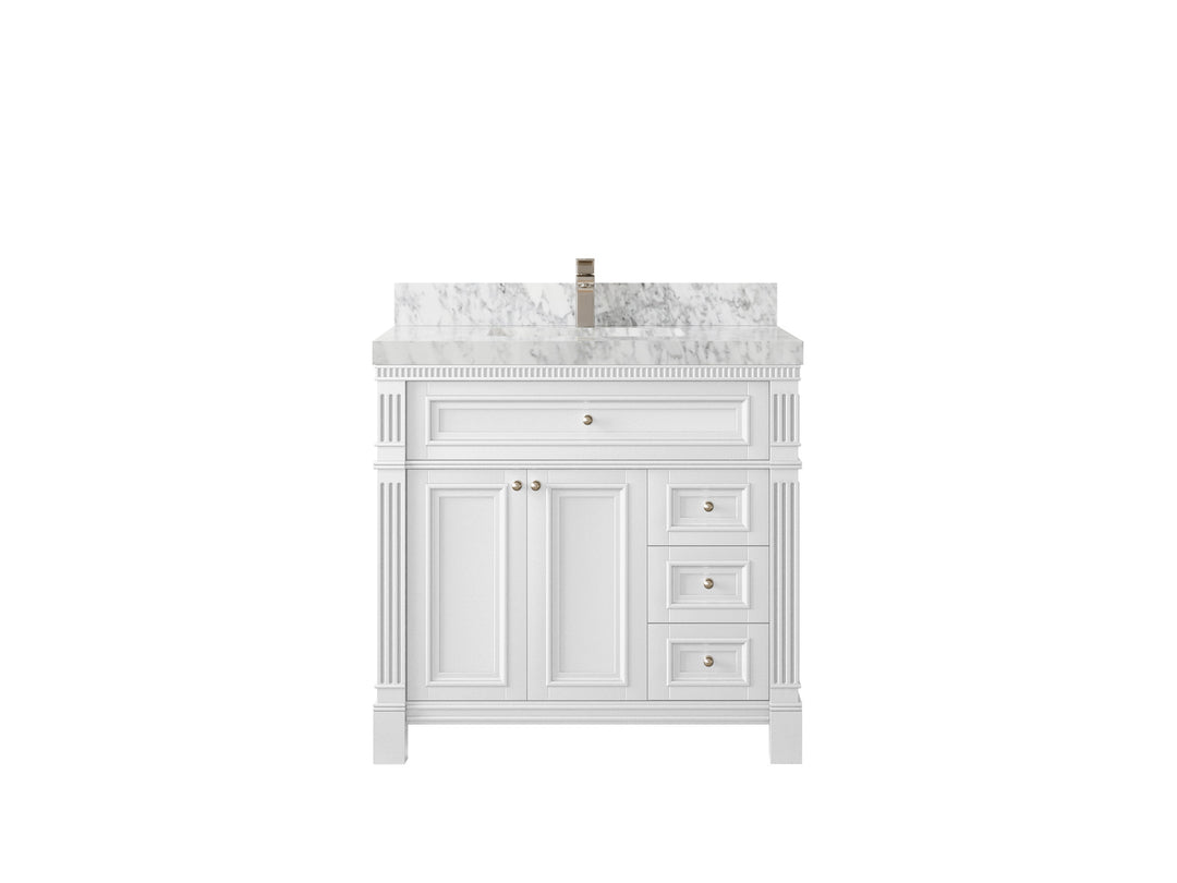 Paris 36 in. W x 22 in. D Center Sink Bathroom Vanity in White  with 2 in Carrara Marble Countertop